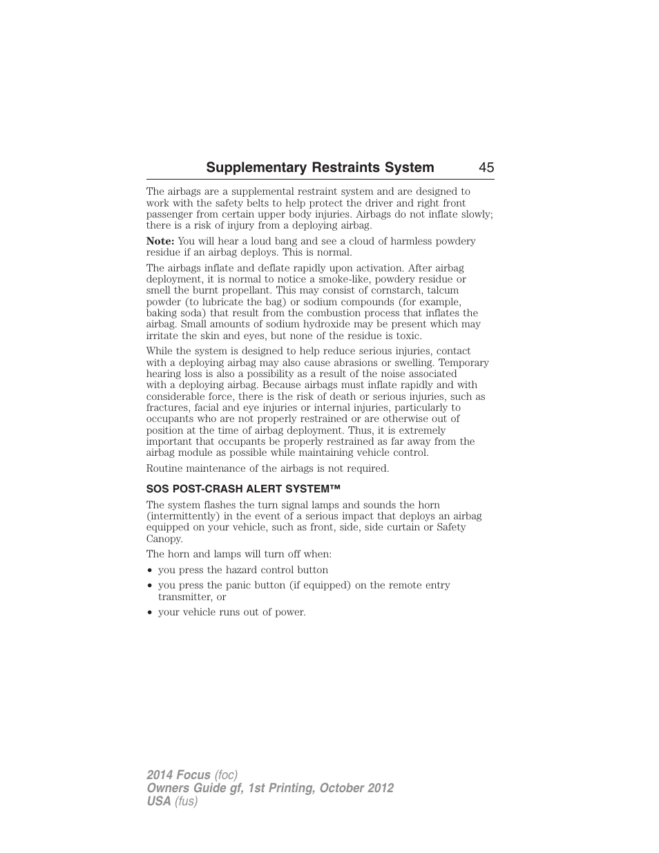 Sos post-crash alert system, Supplementary restraints system 45 | FORD 2014 Focus v.1 User Manual | Page 46 / 492