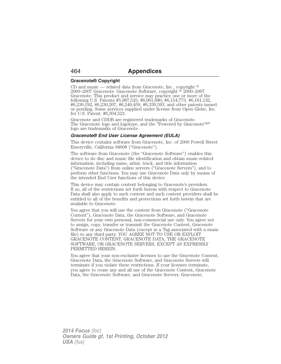 Gracenote® copyright, Gracenote® end user license agreement (eula), 464 appendices | FORD 2014 Focus v.1 User Manual | Page 465 / 492