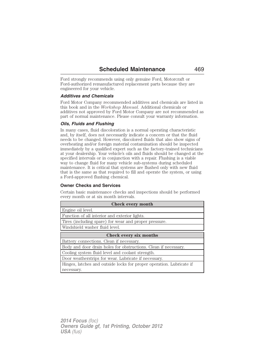 Additives and chemicals, Oils, fluids and flushing, Owner checks and services | Scheduled maintenance 469 | FORD 2014 Focus v.1 User Manual | Page 470 / 492