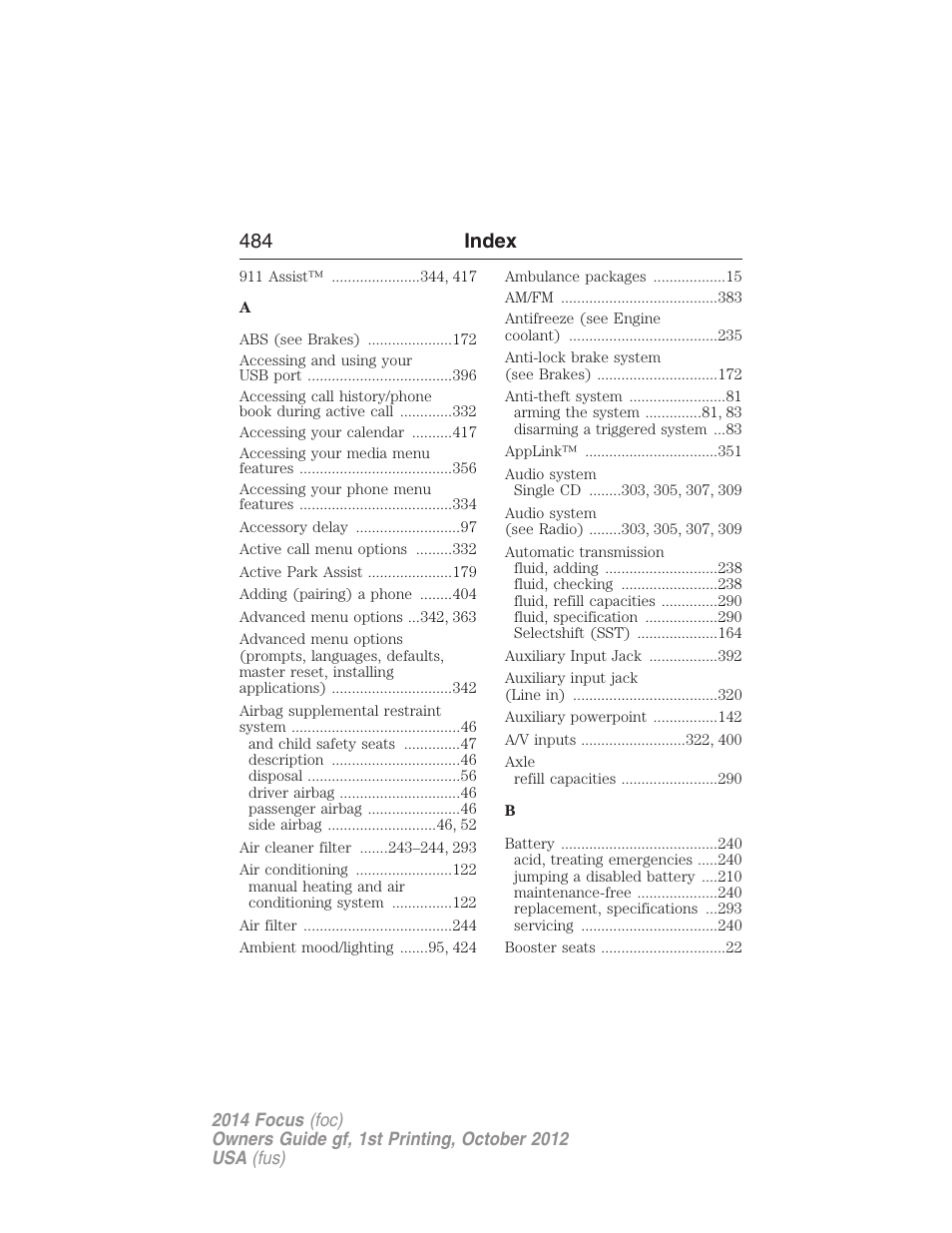 Index, 484 index | FORD 2014 Focus v.1 User Manual | Page 485 / 492