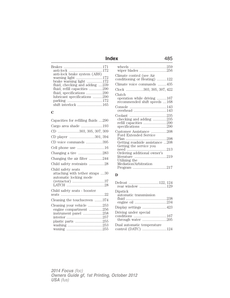Index 485 | FORD 2014 Focus v.1 User Manual | Page 486 / 492