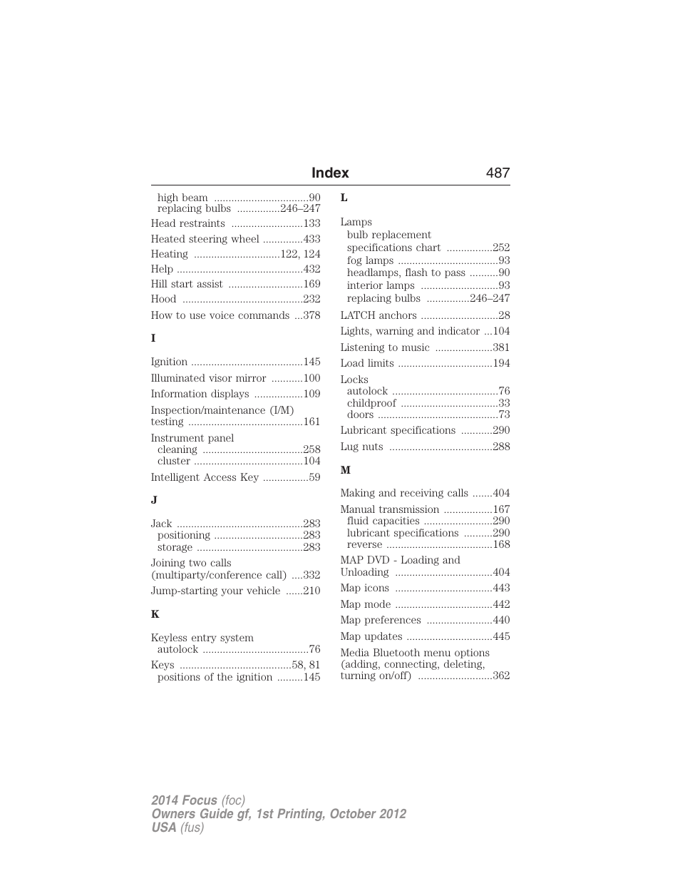 Index 487 | FORD 2014 Focus v.1 User Manual | Page 488 / 492