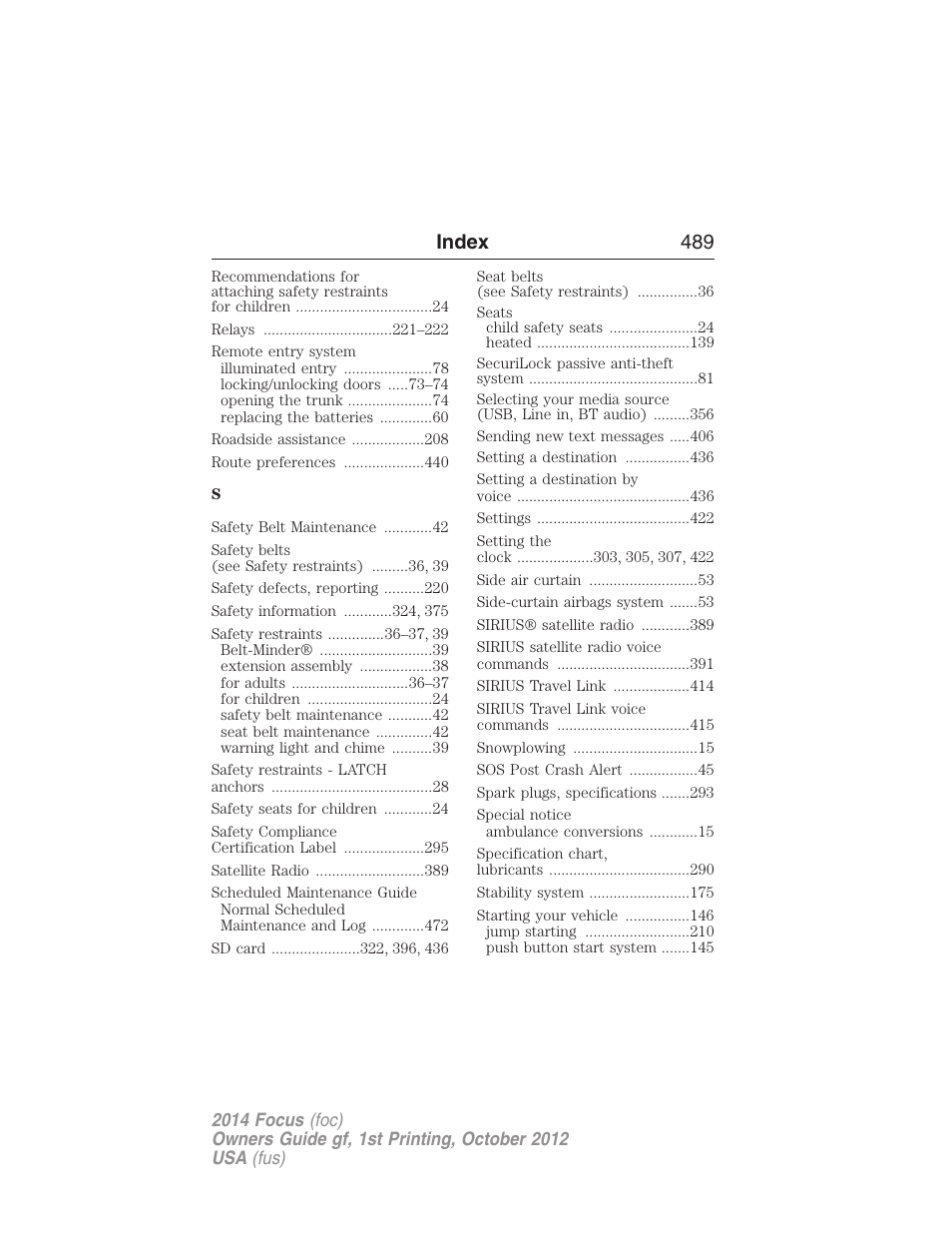 Index 489 | FORD 2014 Focus v.1 User Manual | Page 490 / 492