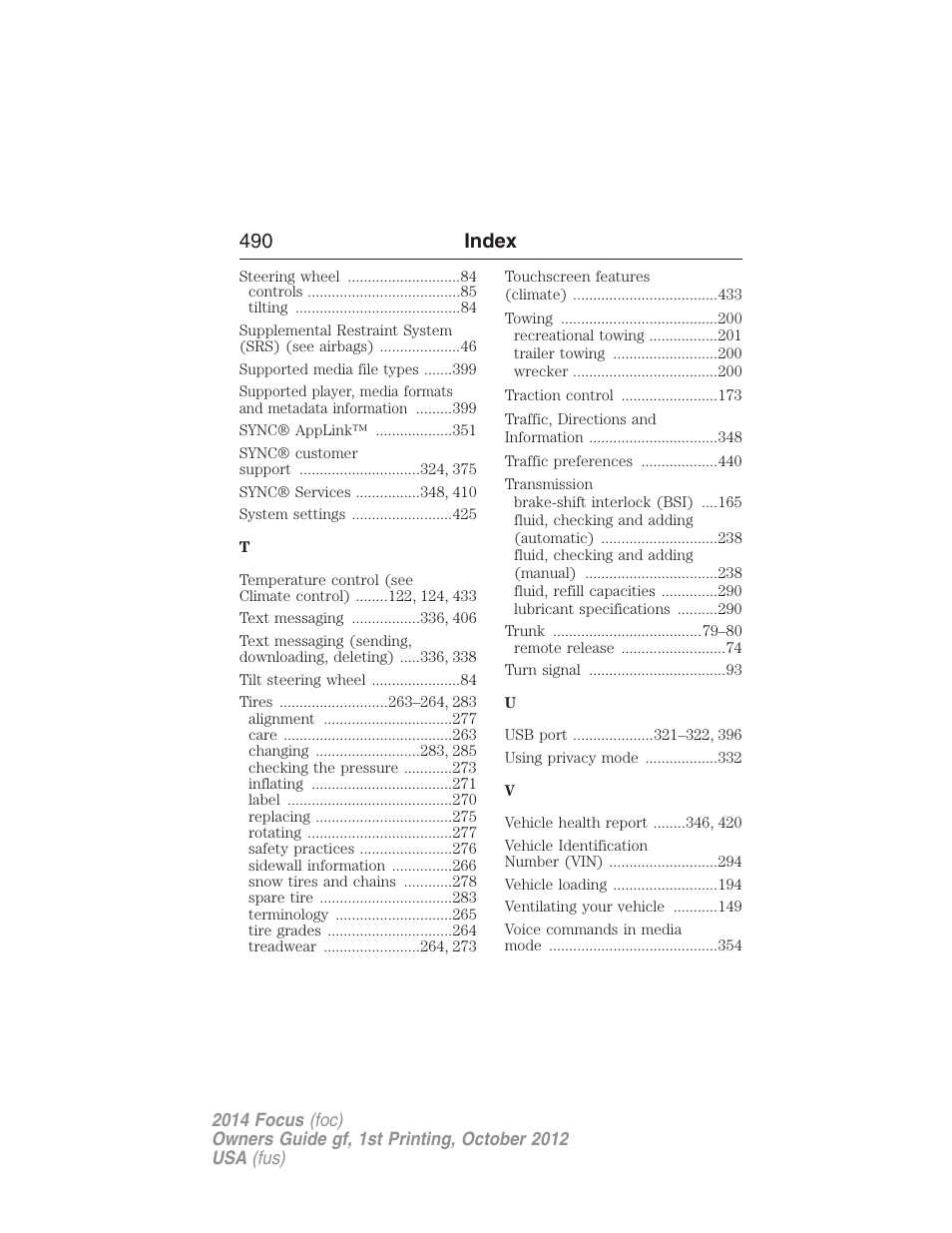 490 index | FORD 2014 Focus v.1 User Manual | Page 491 / 492
