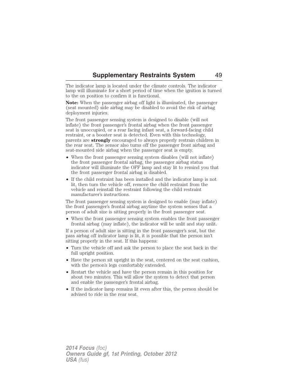 Supplementary restraints system 49 | FORD 2014 Focus v.1 User Manual | Page 50 / 492
