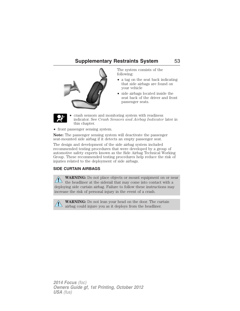 Side curtain airbags, Supplementary restraints system 53 | FORD 2014 Focus v.1 User Manual | Page 54 / 492