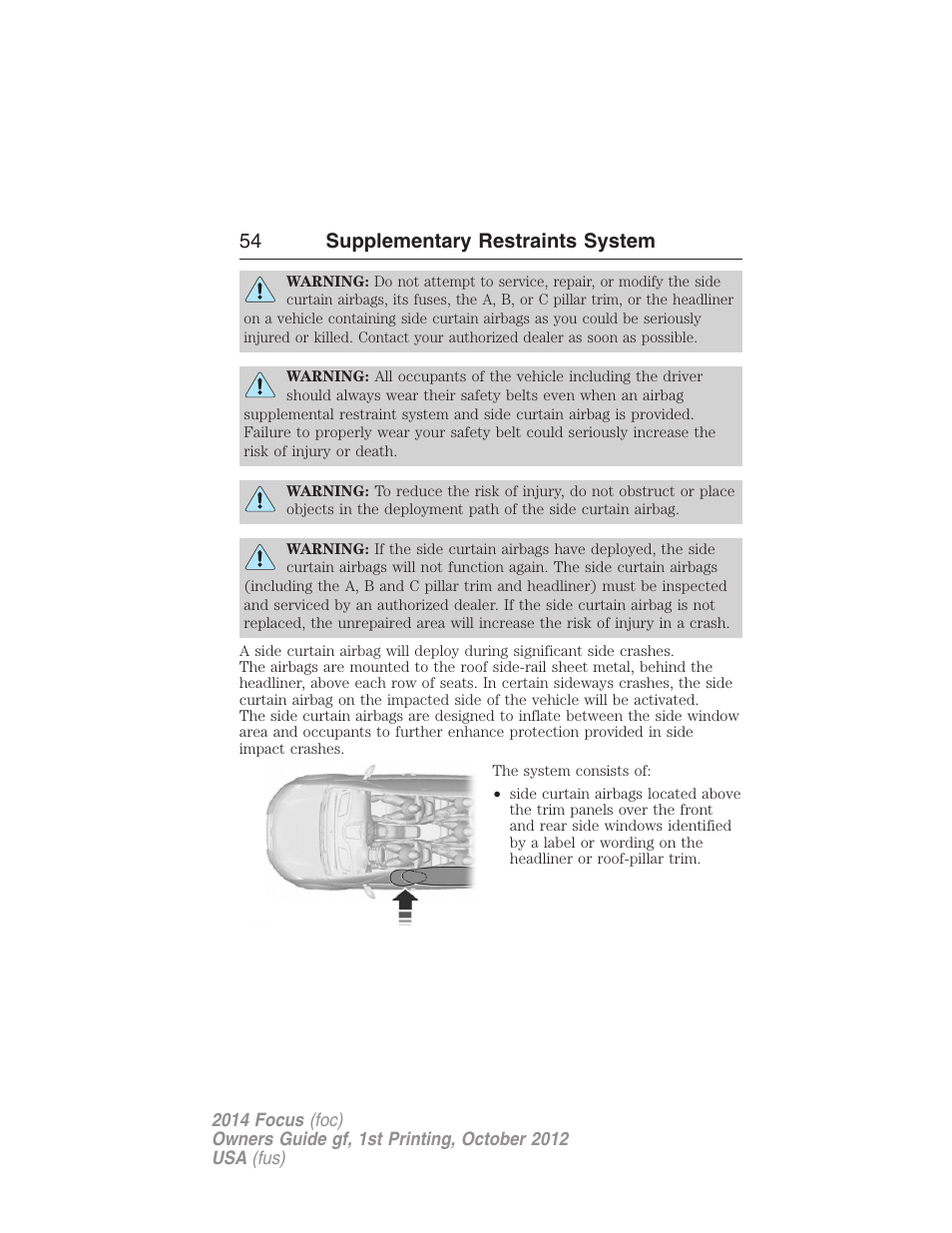 54 supplementary restraints system | FORD 2014 Focus v.1 User Manual | Page 55 / 492