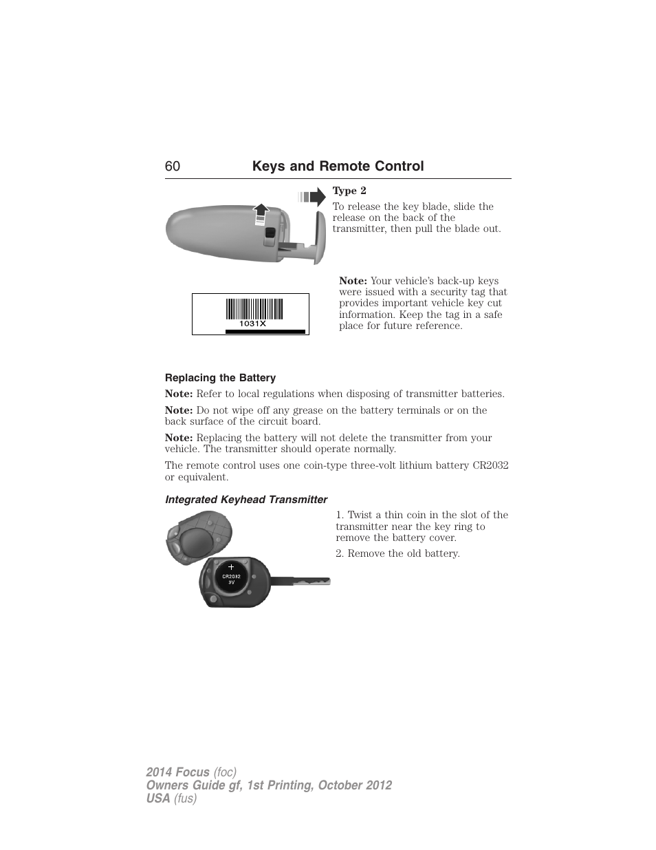 Replacing the battery, Integrated keyhead transmitter, 60 keys and remote control | FORD 2014 Focus v.1 User Manual | Page 61 / 492