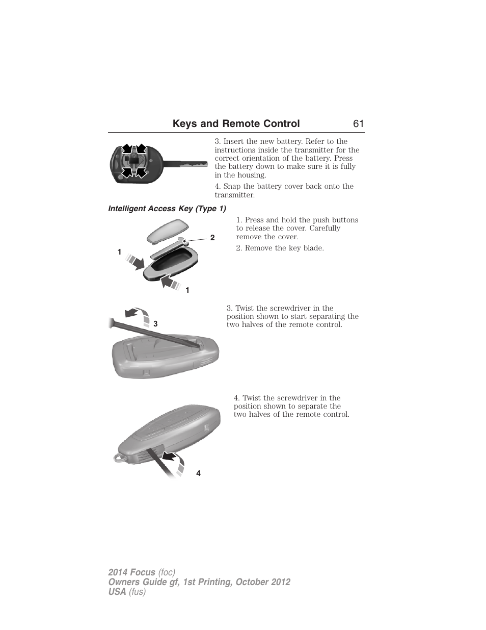 Intelligent access key (type 1), Keys and remote control 61 | FORD 2014 Focus v.1 User Manual | Page 62 / 492