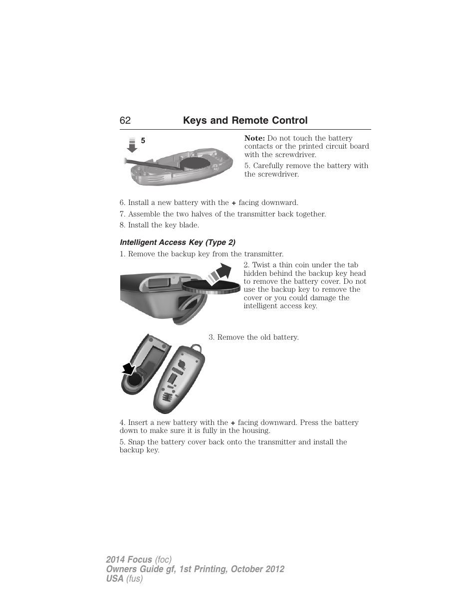 Intelligent access key (type 2), 62 keys and remote control | FORD 2014 Focus v.1 User Manual | Page 63 / 492