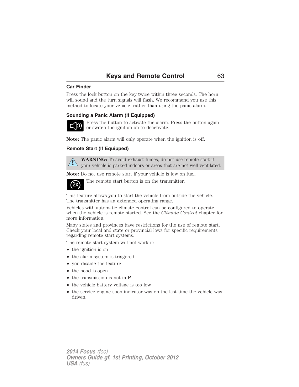 Car finder, Sounding a panic alarm (if equipped), Remote start (if equipped) | Keys and remote control 63 | FORD 2014 Focus v.1 User Manual | Page 64 / 492