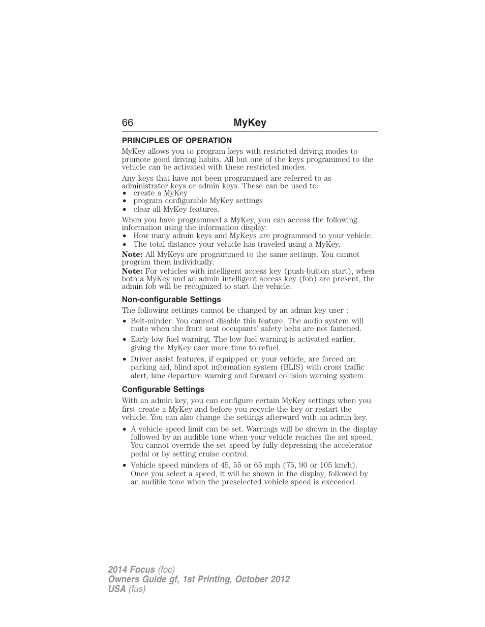 Mykey, Principles of operation, Non-configurable settings | Configurable settings, Settings, mykey, 66 mykey | FORD 2014 Focus v.1 User Manual | Page 67 / 492