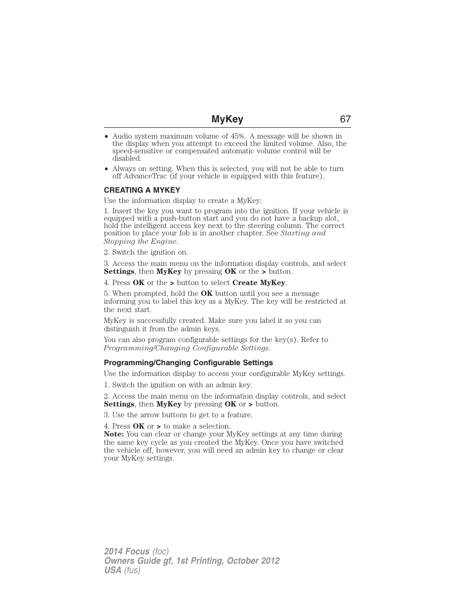 Creating a mykey, Programming/changing configurable settings, Creating | Mykey 67 | FORD 2014 Focus v.1 User Manual | Page 68 / 492