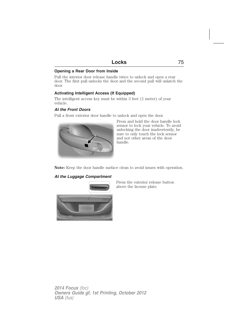 Opening a rear door from inside, Activating intelligent access (if equipped), At the front doors | At the luggage compartment, Locks 75 | FORD 2014 Focus v.1 User Manual | Page 76 / 492