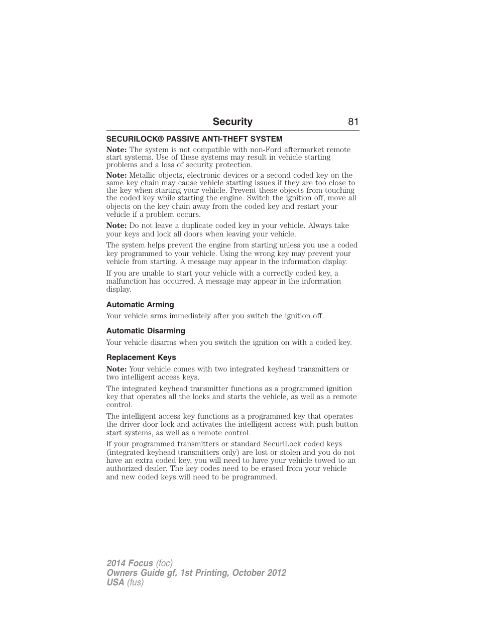 Security, Securilock® passive anti-theft system, Automatic arming | Automatic disarming, Replacement keys, Security 81 | FORD 2014 Focus v.1 User Manual | Page 82 / 492