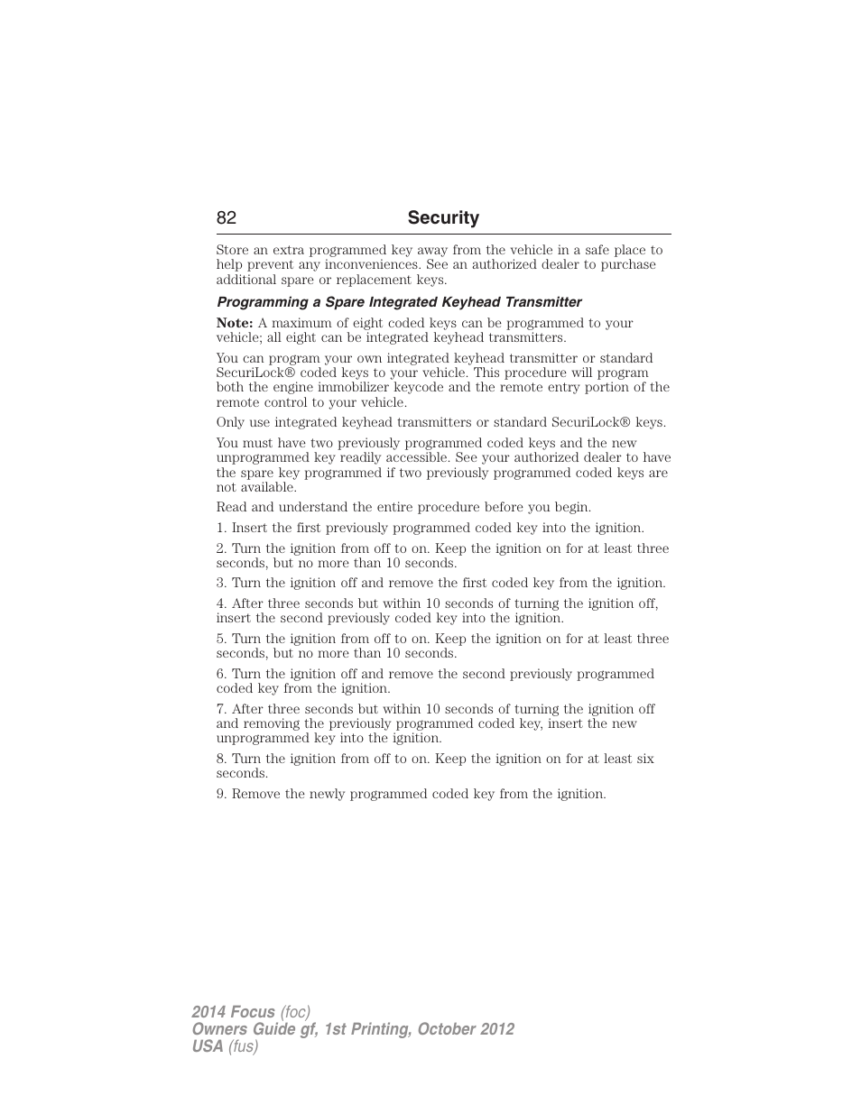 Programming a spare integrated keyhead transmitter, 82 security | FORD 2014 Focus v.1 User Manual | Page 83 / 492