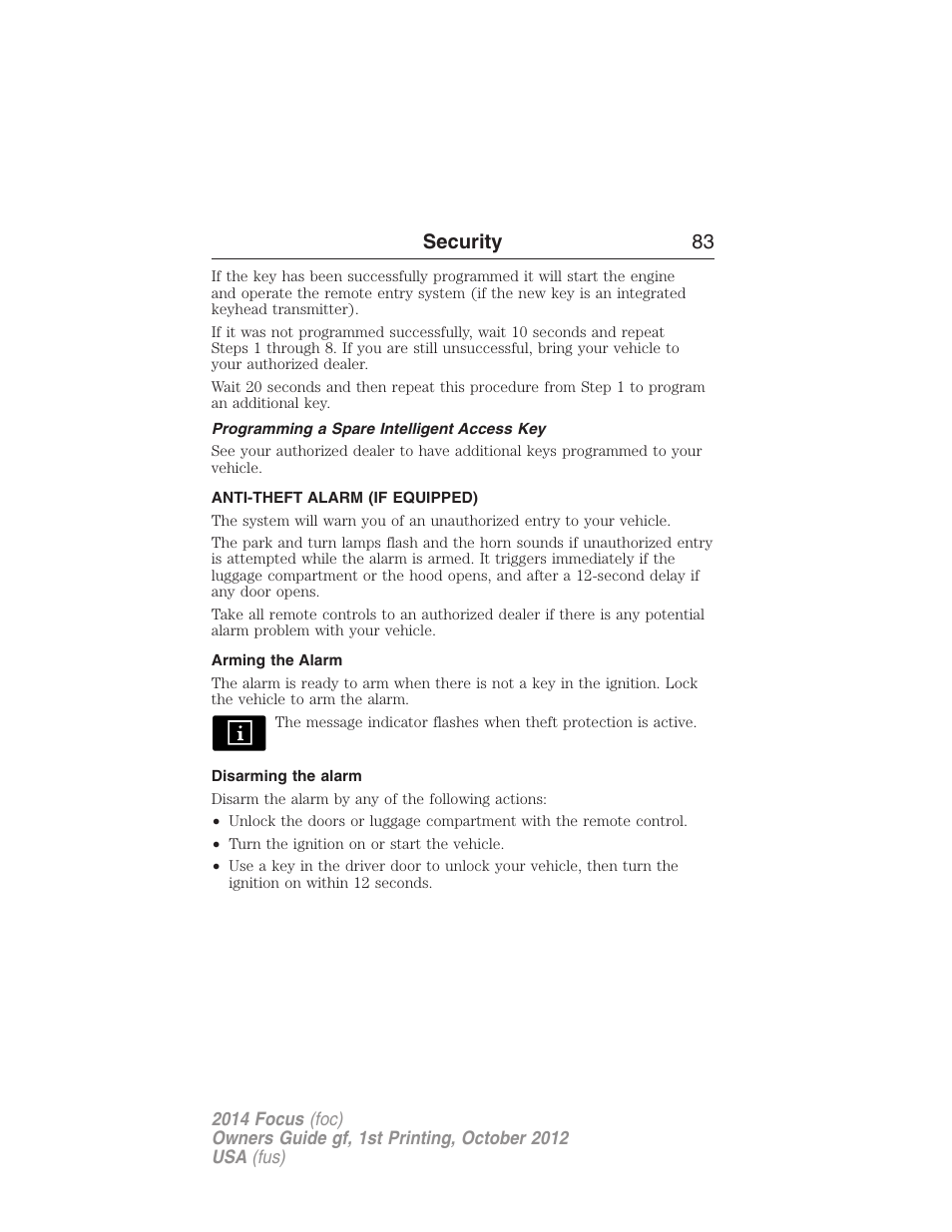 Programming a spare intelligent access key, Anti-theft alarm (if equipped), Arming the alarm | Disarming the alarm, Security 83 | FORD 2014 Focus v.1 User Manual | Page 84 / 492