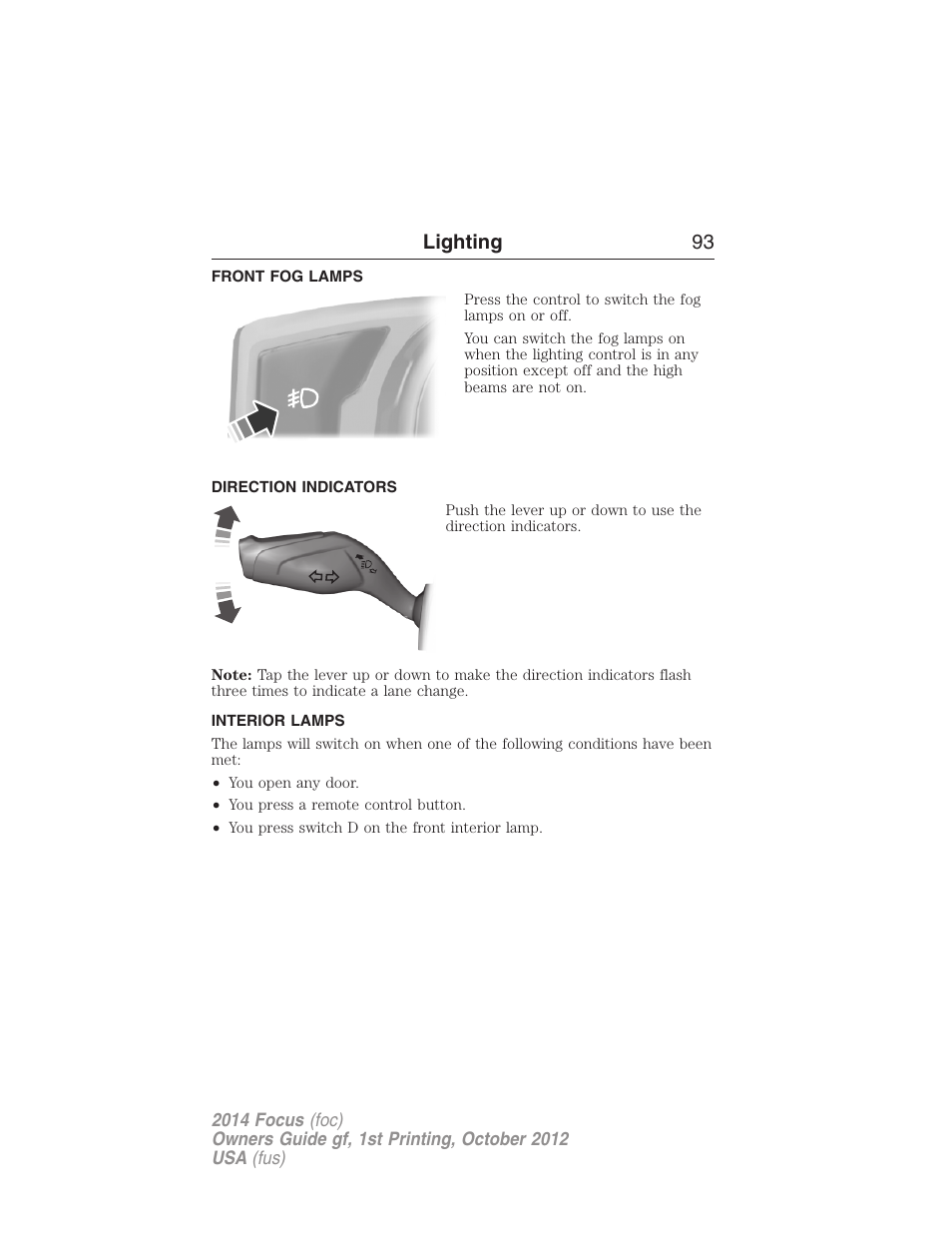 Front fog lamps, Direction indicators, Interior lamps | Lighting 93 | FORD 2014 Focus v.1 User Manual | Page 94 / 492