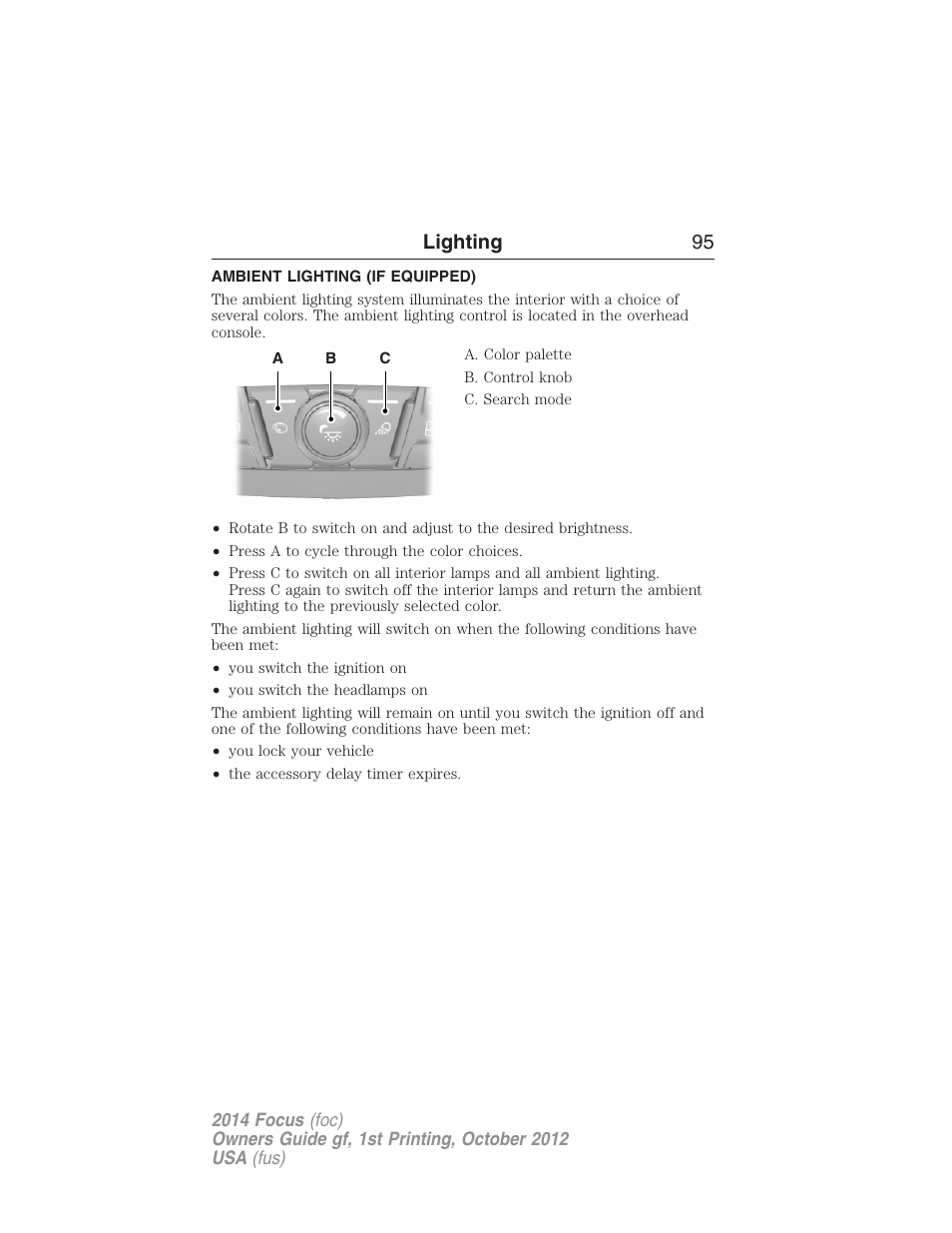 Ambient lighting (if equipped), Ambient lighting, Lighting 95 | FORD 2014 Focus v.1 User Manual | Page 96 / 492