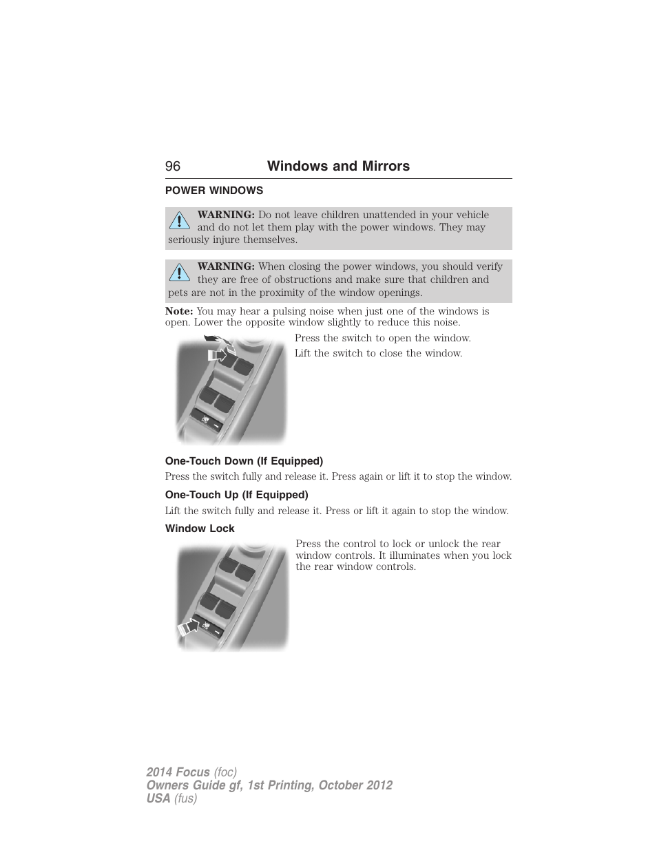 Windows and mirrors, Power windows, One-touch down (if equipped) | One-touch up (if equipped), Window lock, 96 windows and mirrors | FORD 2014 Focus v.1 User Manual | Page 97 / 492