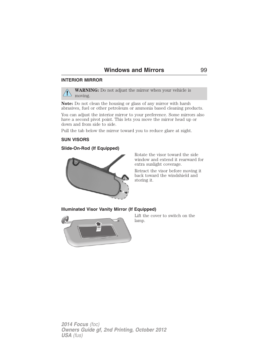 Interior mirror, Sun visors, Slide-on-rod (if equipped) | Illuminated visor vanity mirror (if equipped), Interior mirrors, Windows and mirrors 99 | FORD 2014 Focus v.2 User Manual | Page 100 / 488