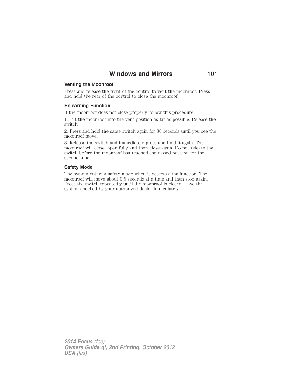 Venting the moonroof, Relearning function, Safety mode | Windows and mirrors 101 | FORD 2014 Focus v.2 User Manual | Page 102 / 488