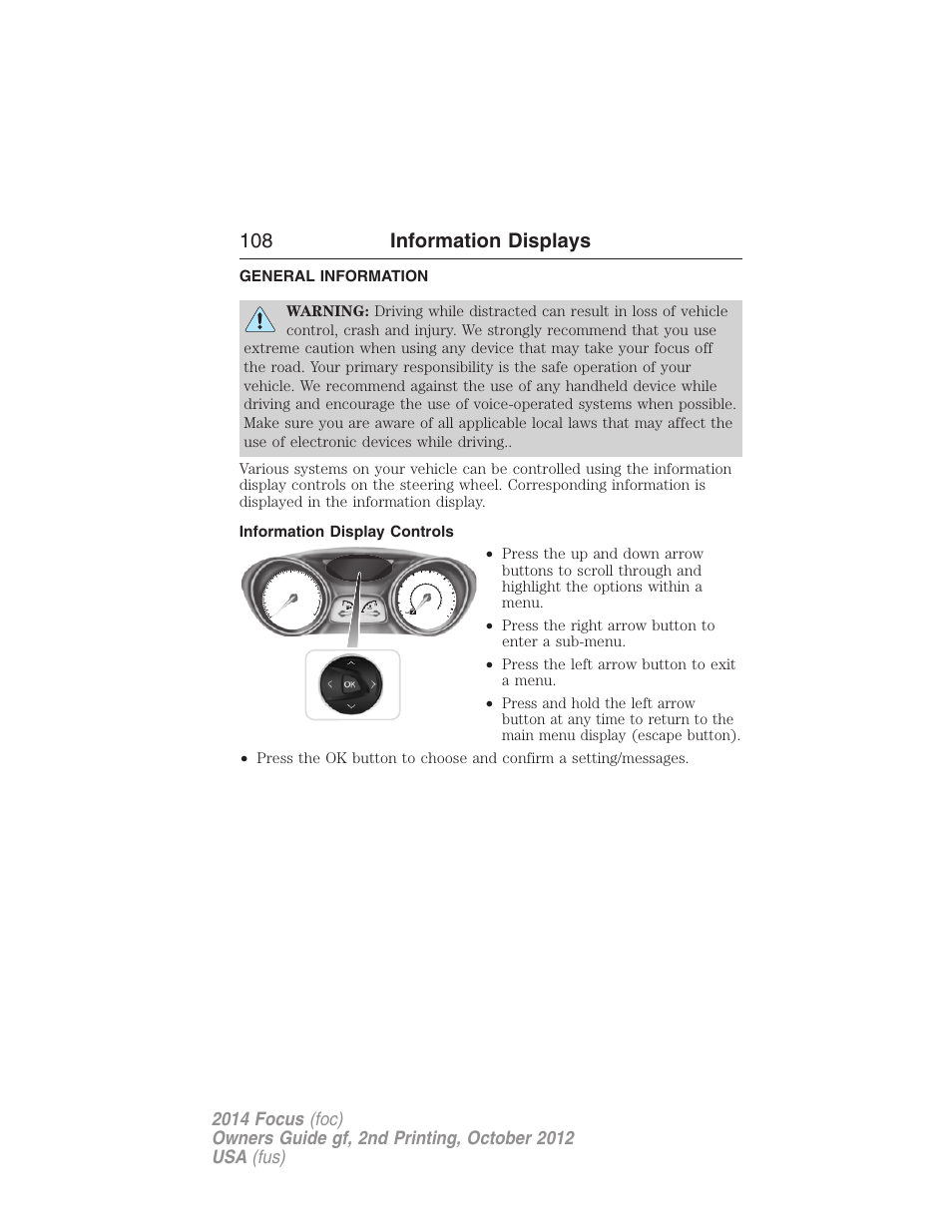 Information displays, General information, Information display controls | Controls, 108 information displays | FORD 2014 Focus v.2 User Manual | Page 109 / 488