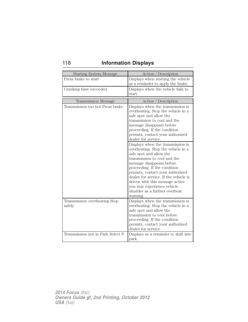118 information displays | FORD 2014 Focus v.2 User Manual | Page 119 / 488