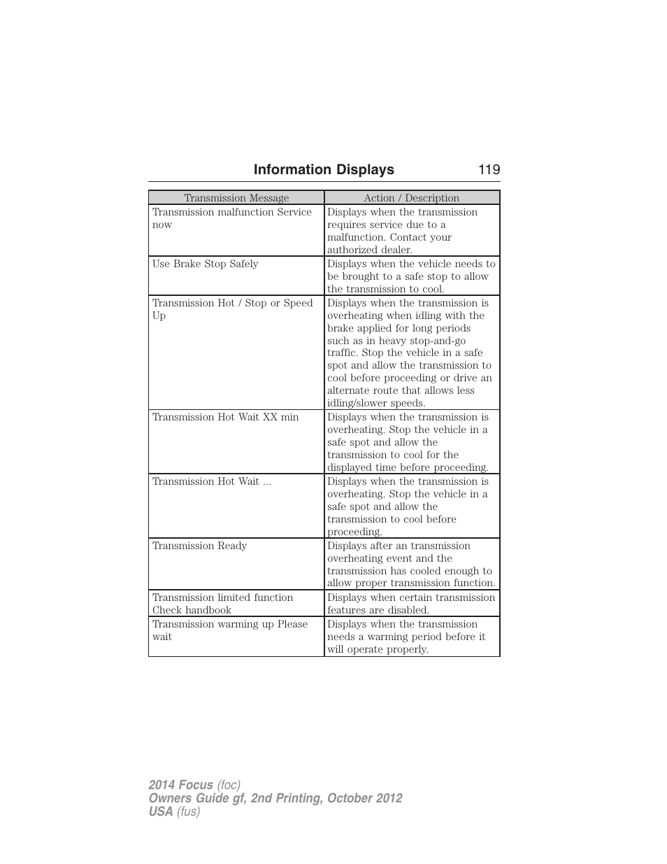 Information displays 119 | FORD 2014 Focus v.2 User Manual | Page 120 / 488