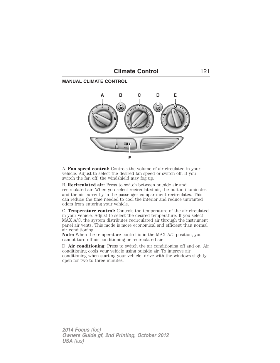 Climate control, Manual climate control, Manual heating and air conditioning | Climate control 121 | FORD 2014 Focus v.2 User Manual | Page 122 / 488