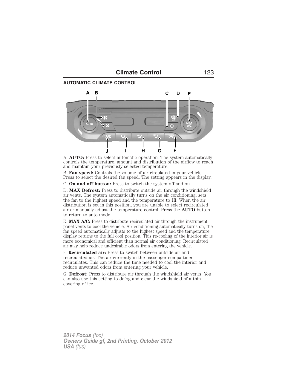Automatic climate control, Dual automatic temperature control, Climate control 123 | FORD 2014 Focus v.2 User Manual | Page 124 / 488