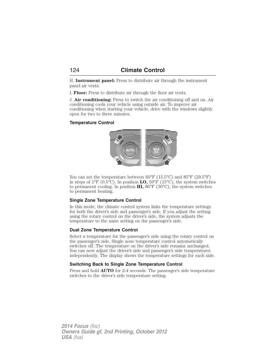 Temperature control, Single zone temperature control, Dual zone temperature control | Switching back to single zone temperature control, 124 climate control | FORD 2014 Focus v.2 User Manual | Page 125 / 488
