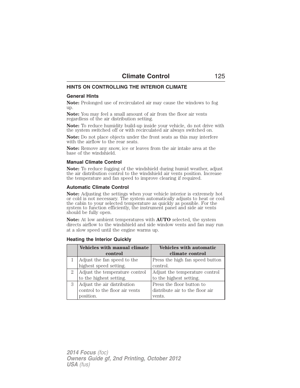 Hints on controlling the interior climate, General hints, Manual climate control | Automatic climate control, Heating the interior quickly, Climate control 125 | FORD 2014 Focus v.2 User Manual | Page 126 / 488