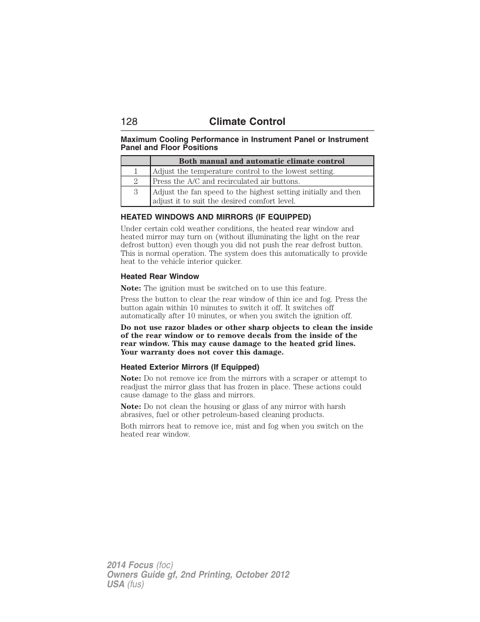 Heated windows and mirrors (if equipped), Heated rear window, Heated exterior mirrors (if equipped) | Rear window defroster, 128 climate control | FORD 2014 Focus v.2 User Manual | Page 129 / 488