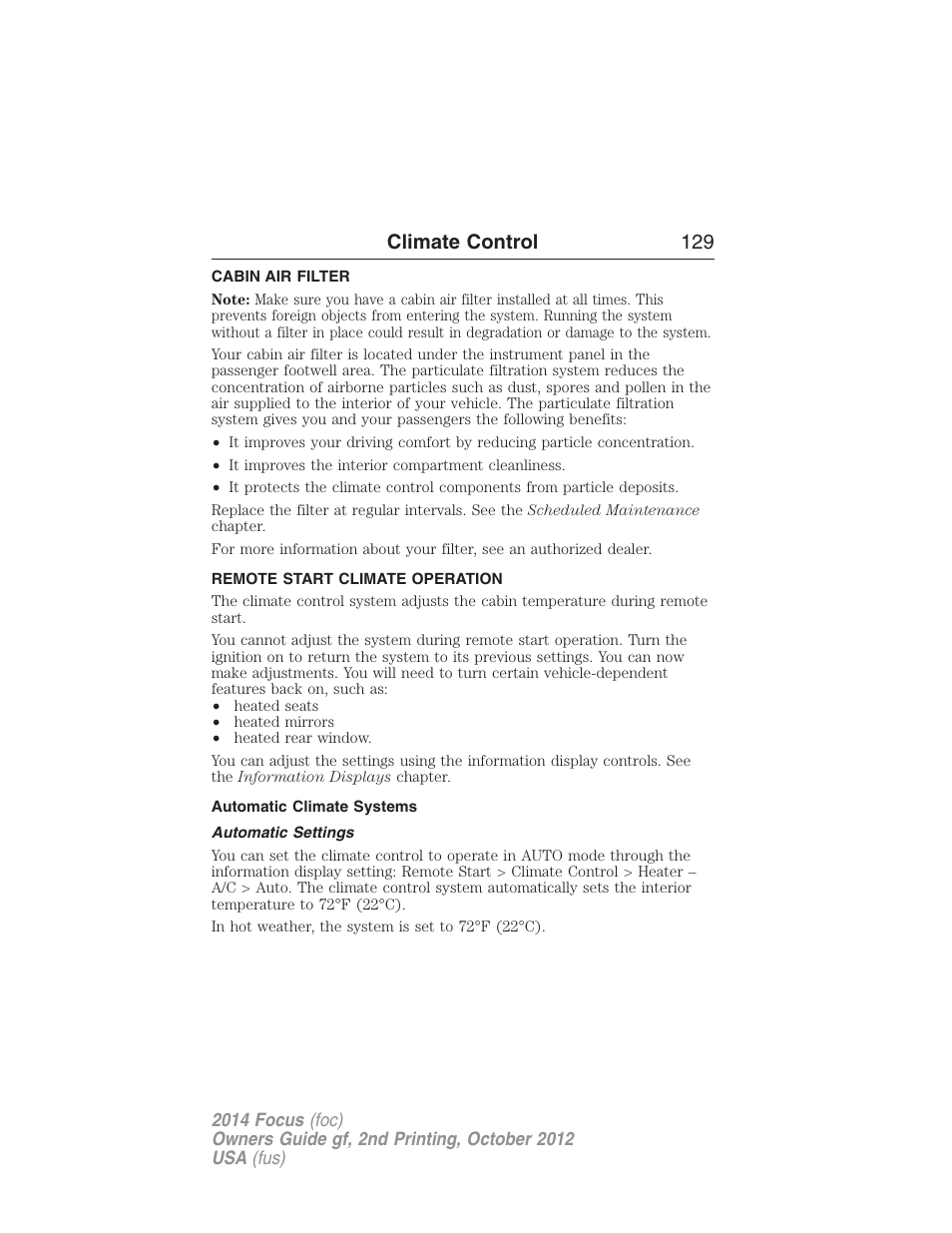 Cabin air filter, Remote start climate operation, Automatic climate systems | Automatic settings, Climate control 129 | FORD 2014 Focus v.2 User Manual | Page 130 / 488