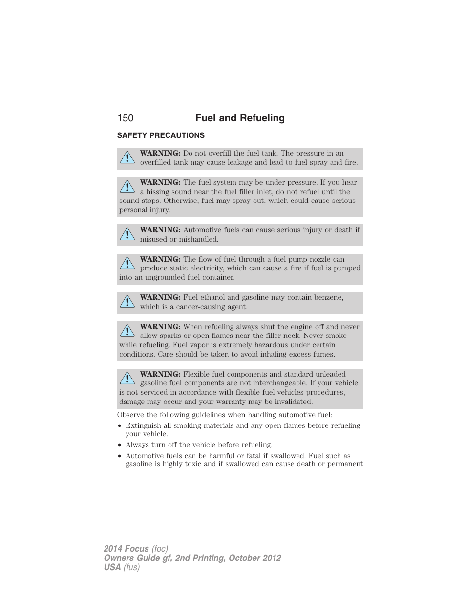 Fuel and refueling, Safety precautions, 150 fuel and refueling | FORD 2014 Focus v.2 User Manual | Page 151 / 488