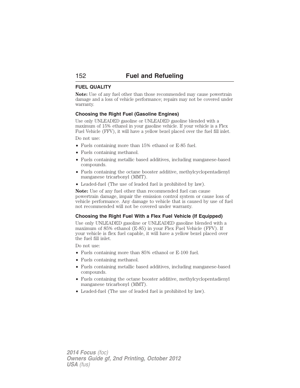 Fuel quality, Choosing the right fuel (gasoline engines), 152 fuel and refueling | FORD 2014 Focus v.2 User Manual | Page 153 / 488