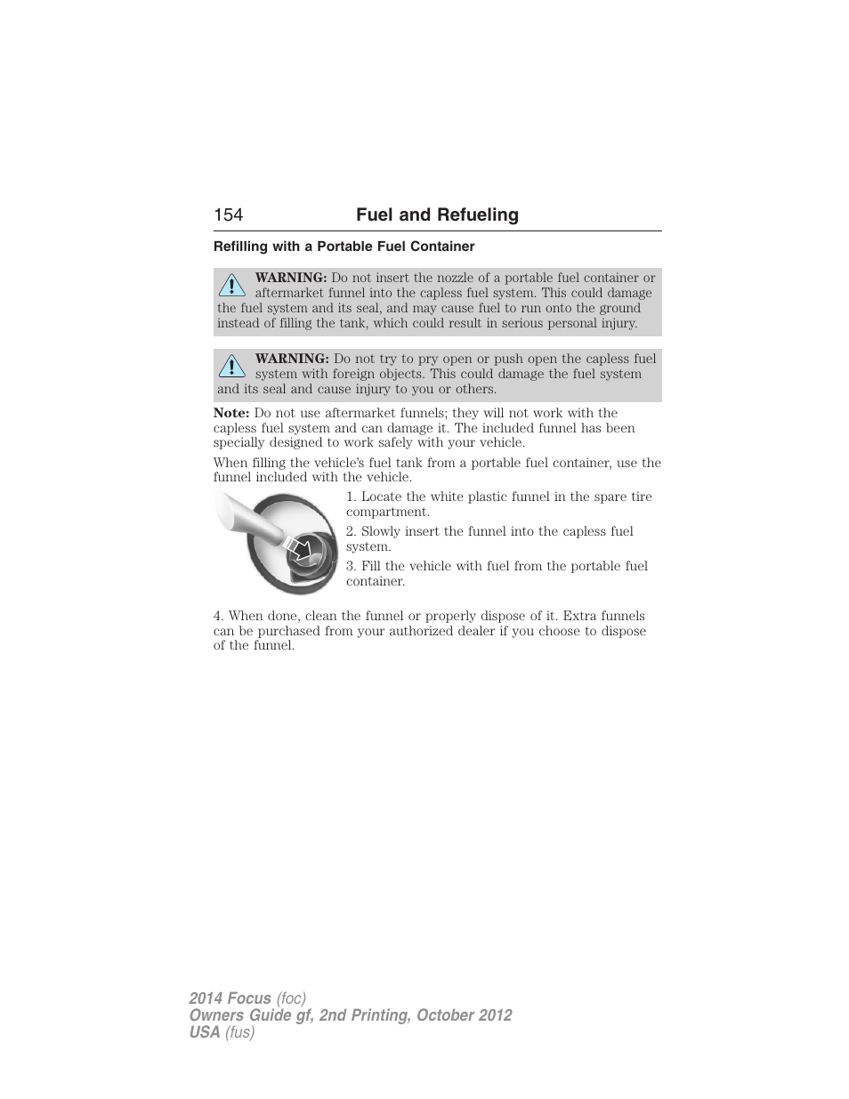 Refilling with a portable fuel container, 154 fuel and refueling | FORD 2014 Focus v.2 User Manual | Page 155 / 488