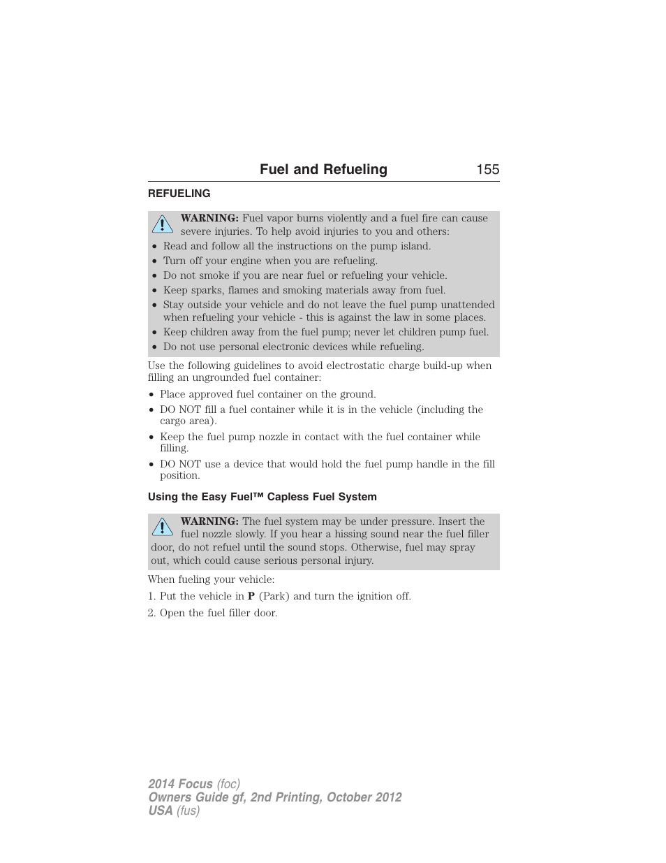 Refueling, Using the easy fuel™ capless fuel system, Fuel and refueling 155 | FORD 2014 Focus v.2 User Manual | Page 156 / 488