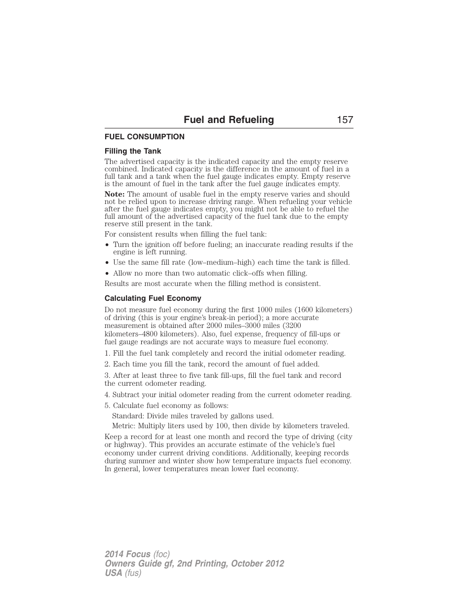 Fuel consumption, Filling the tank, Calculating fuel economy | Fuel and refueling 157 | FORD 2014 Focus v.2 User Manual | Page 158 / 488