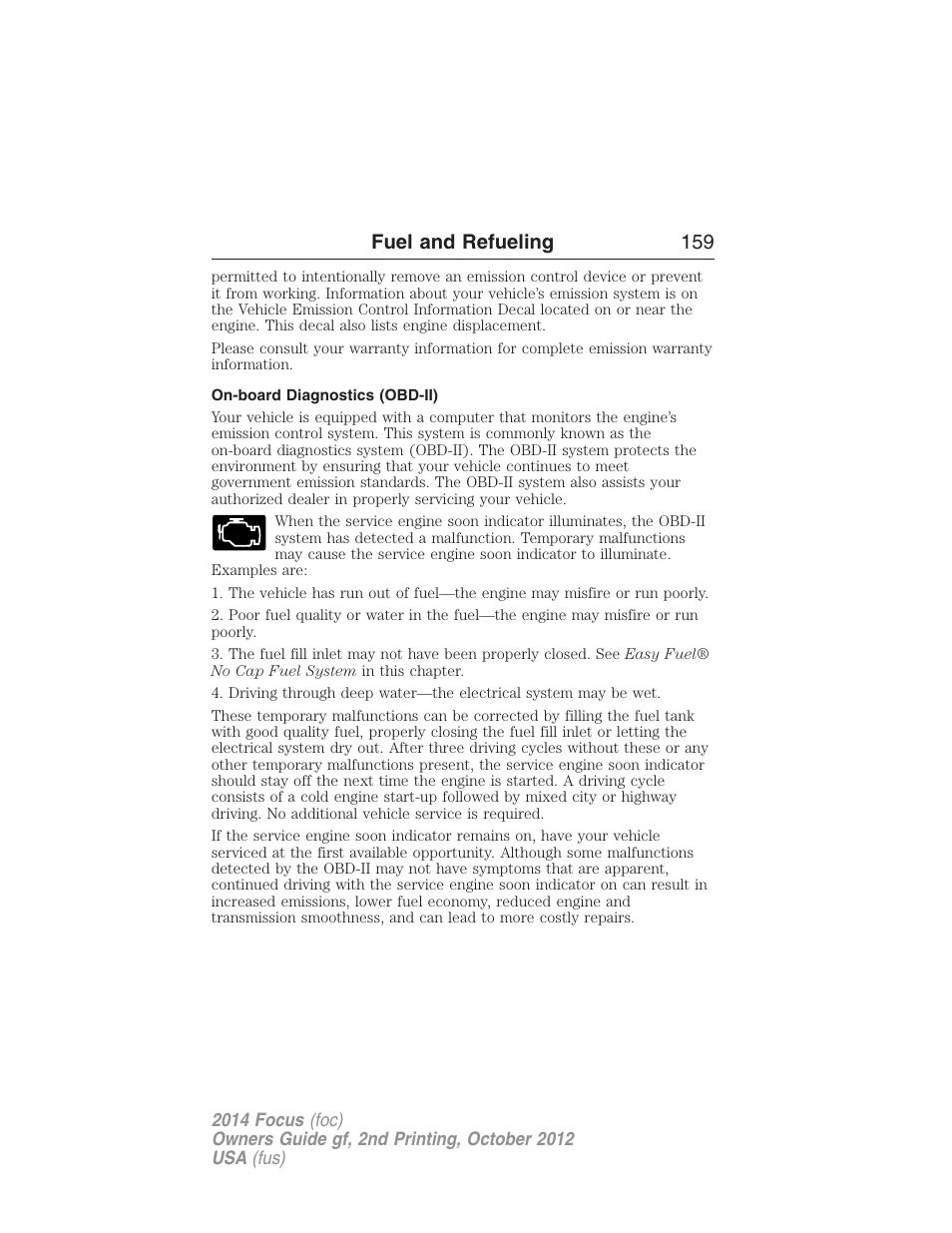 On-board diagnostics (obd-ii), Fuel and refueling 159 | FORD 2014 Focus v.2 User Manual | Page 160 / 488