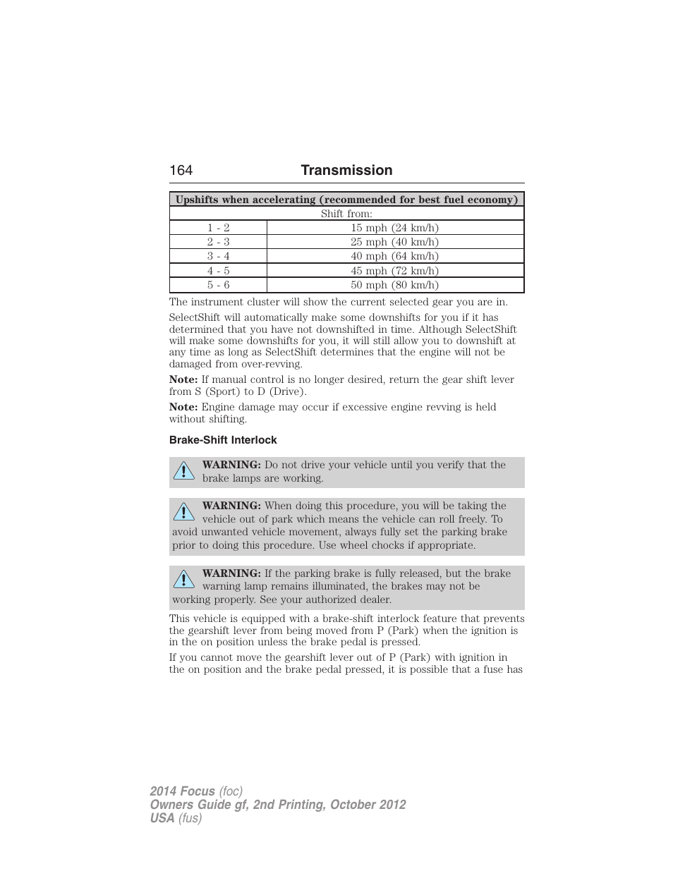 Brake-shift interlock, 164 transmission | FORD 2014 Focus v.2 User Manual | Page 165 / 488
