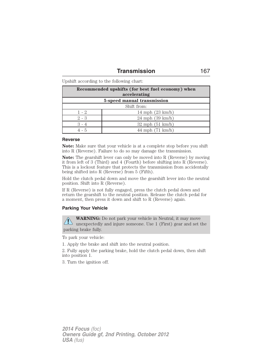 Reverse, Parking your vehicle, Transmission 167 | FORD 2014 Focus v.2 User Manual | Page 168 / 488