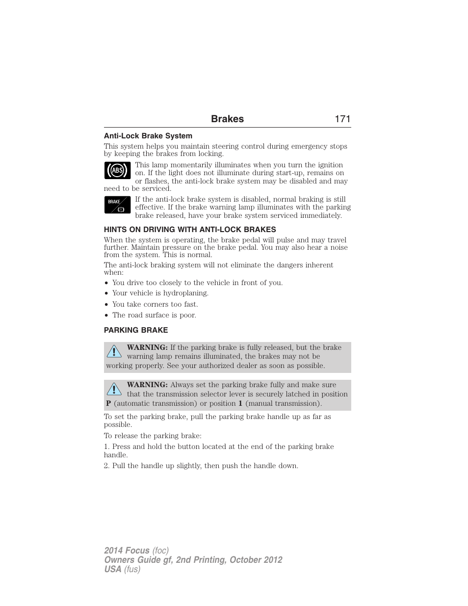 Anti-lock brake system, Hints on driving with anti-lock brakes, Parking brake | Brakes 171 | FORD 2014 Focus v.2 User Manual | Page 172 / 488