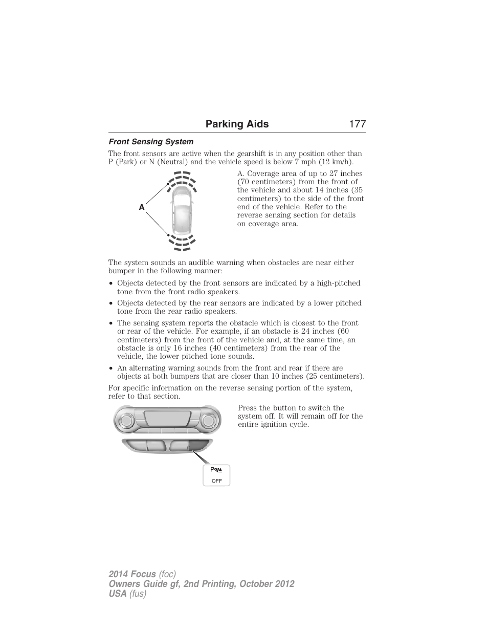 Front sensing system, Parking aids 177 | FORD 2014 Focus v.2 User Manual | Page 178 / 488