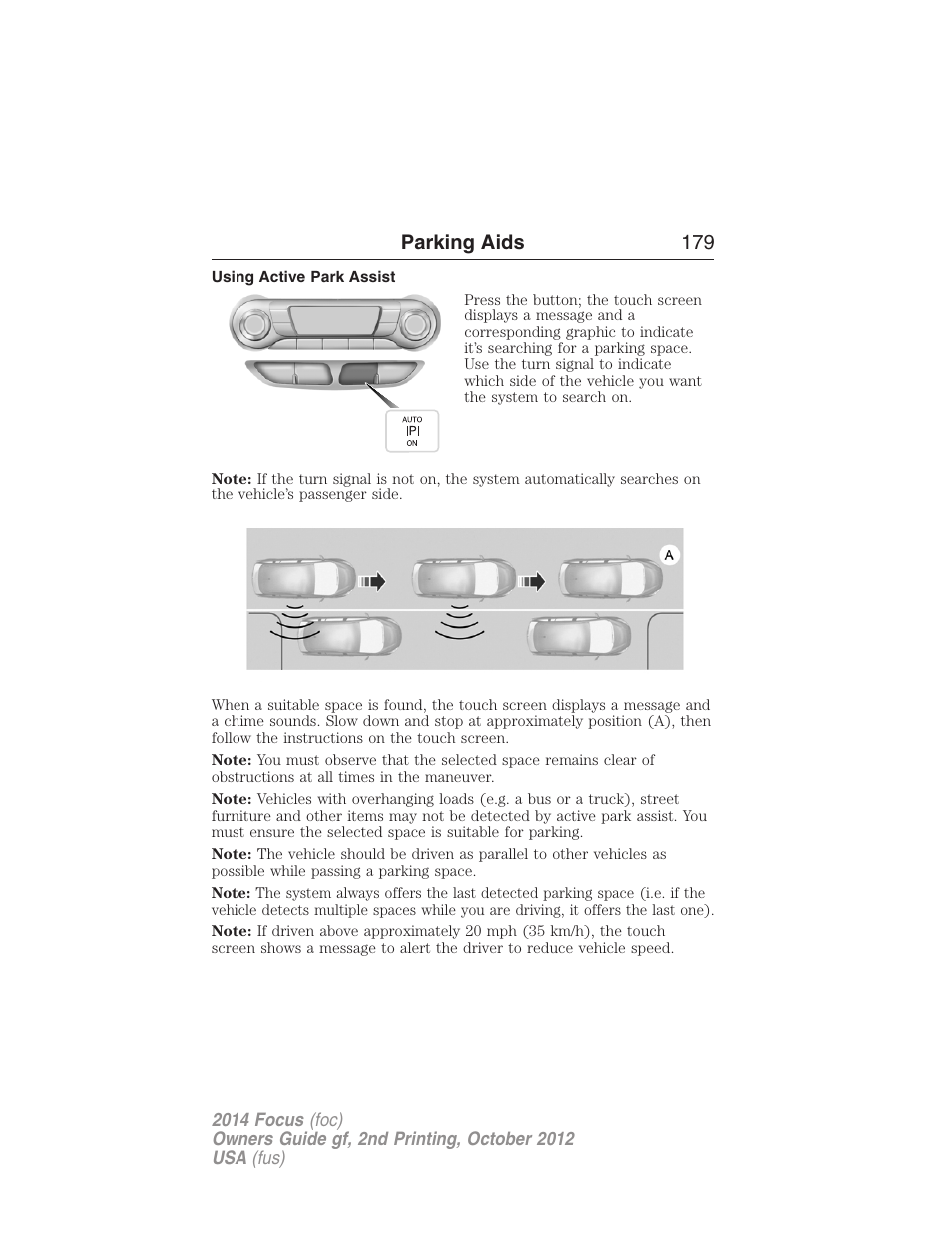Using active park assist, Parking aids 179 | FORD 2014 Focus v.2 User Manual | Page 180 / 488