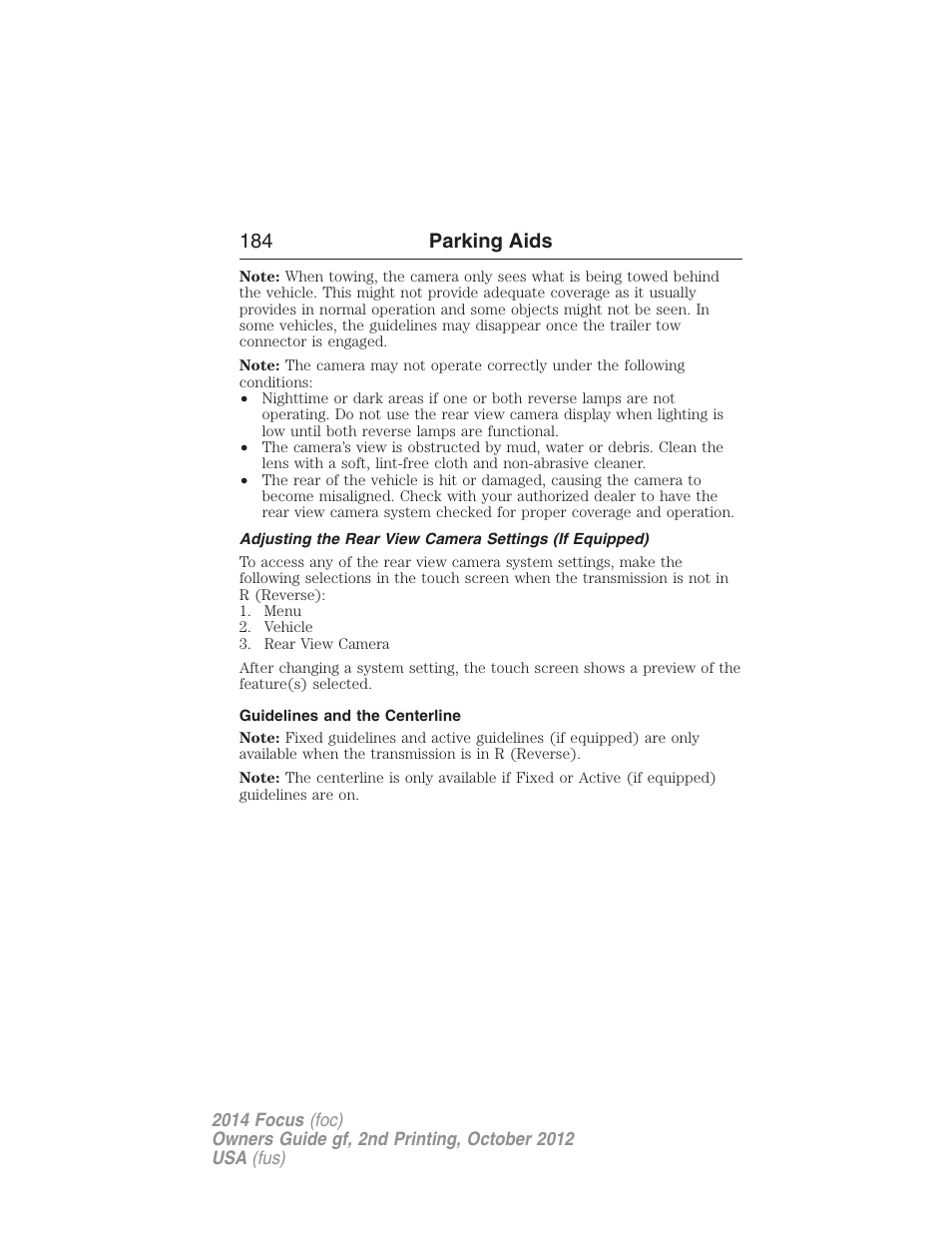 Guidelines and the centerline, 184 parking aids | FORD 2014 Focus v.2 User Manual | Page 185 / 488