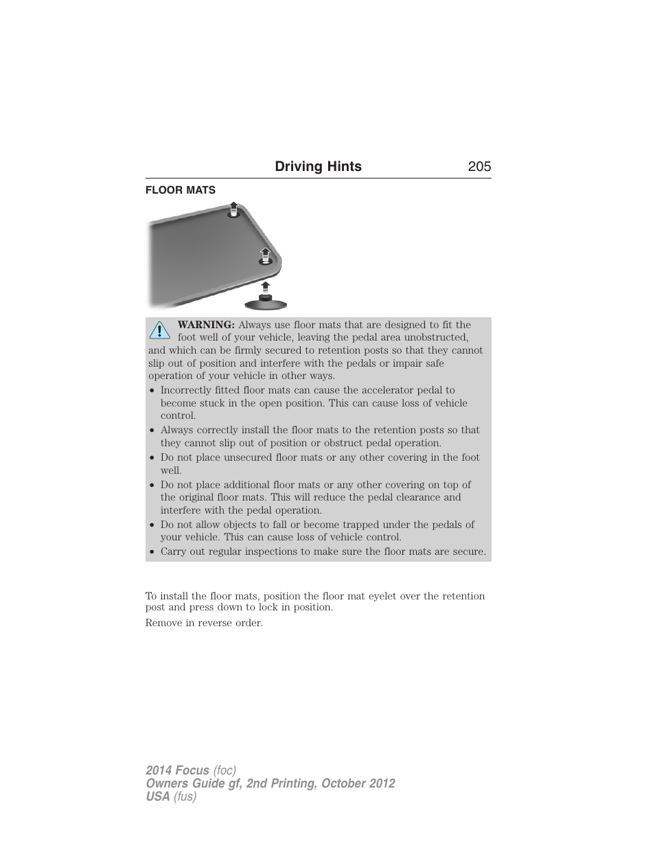 Floor mats, Driving hints 205 | FORD 2014 Focus v.2 User Manual | Page 206 / 488