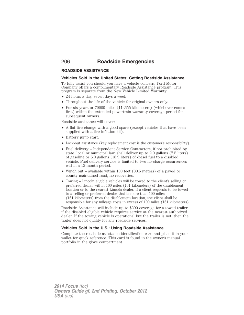 Roadside emergencies, Roadside assistance, Getting roadside assistance | 206 roadside emergencies | FORD 2014 Focus v.2 User Manual | Page 207 / 488