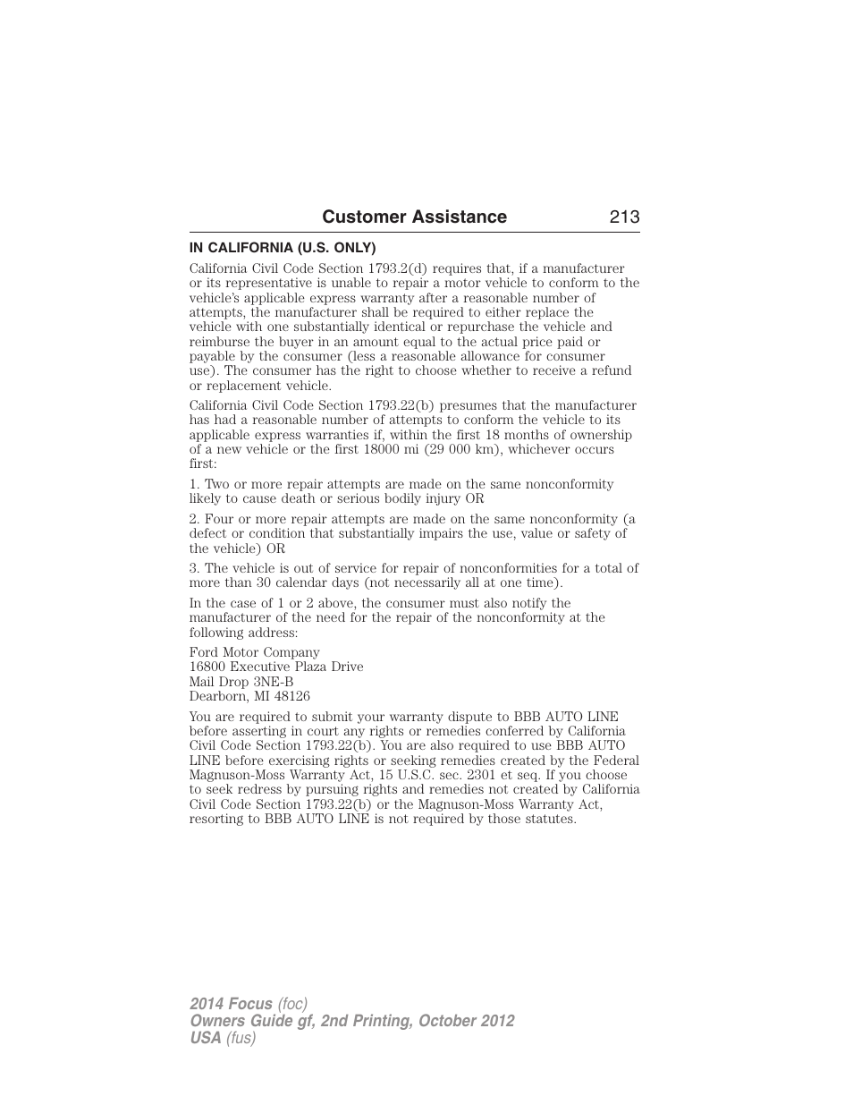 In california (u.s. only), Customer assistance 213 | FORD 2014 Focus v.2 User Manual | Page 214 / 488